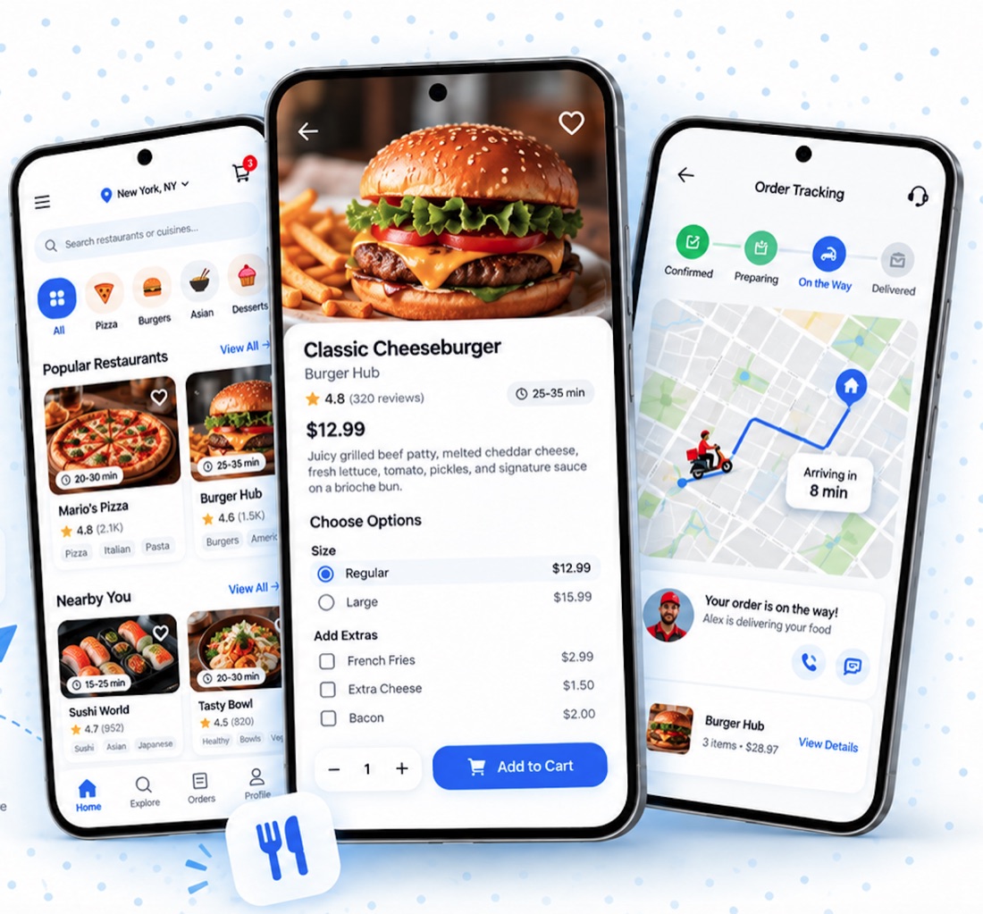 Food Delivery App concept showing example screens for iOS & Android